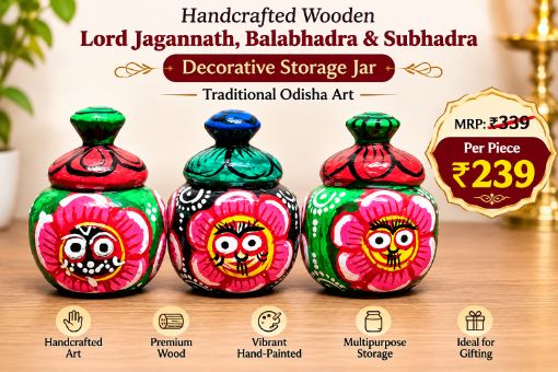 Picture of HANDCRAFTED WOODEN LORD JAGANNATH, BALABHADRA & SUBHADRA DECORATIVE STORAGE JAR